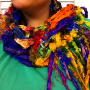 Me wearing my sari silk scarf with fringe!