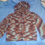 Susanne crocheted this variegated hooded sweater. 