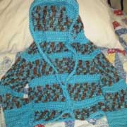 Susanne finished this blue hooded sweater.