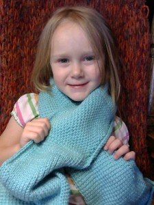 Abby wearing my Tunisian Crochet Sampler Scarf