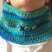 Varsha's cowl has cute blue buttons on it.