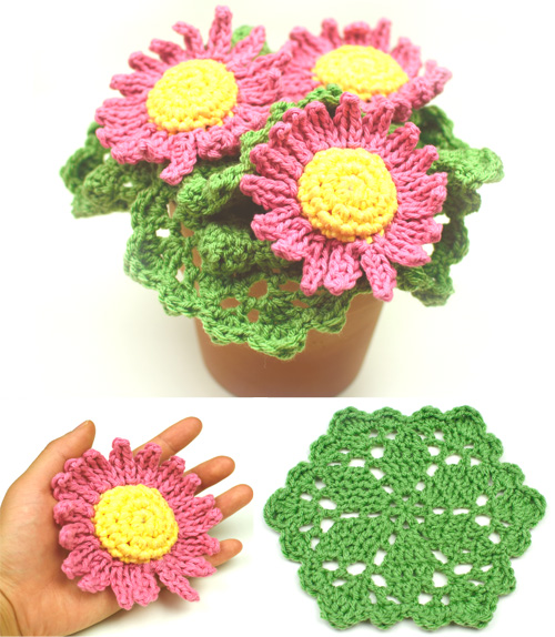 crochet pot of daisy scrubbies