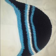 Susanne crocheted this hat in Carolina Panthers' colors.