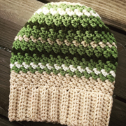 Debbie crocheted this green striped hat.